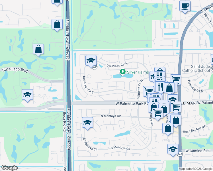 map of restaurants, bars, coffee shops, grocery stores, and more near 7668 Sierra Terrace East in Boca Raton