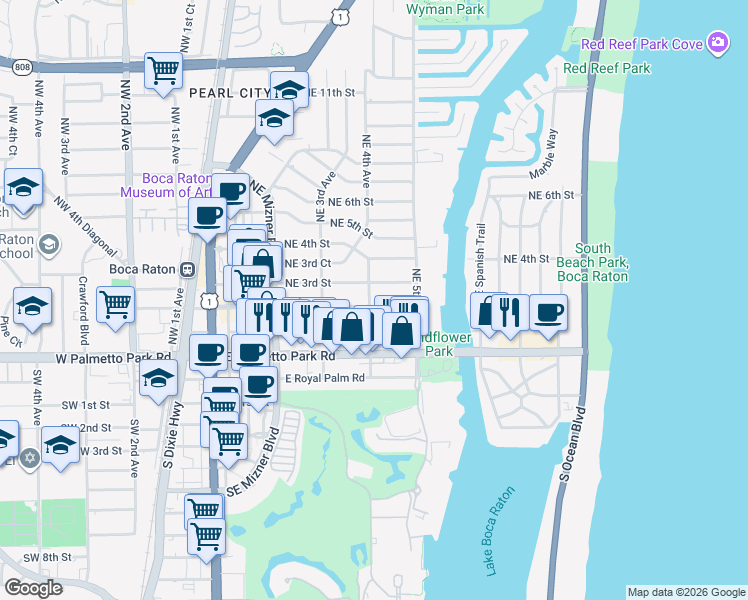 map of restaurants, bars, coffee shops, grocery stores, and more near 430 Northeast 2nd Street in Boca Raton
