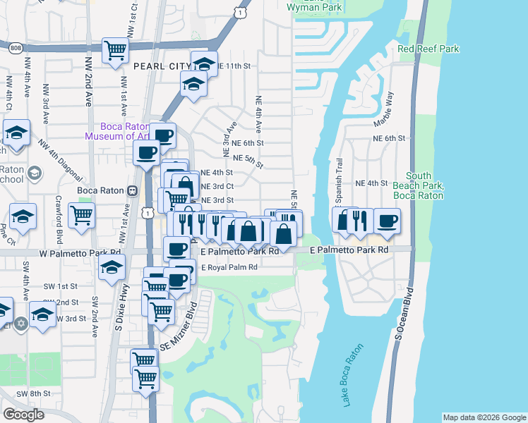 map of restaurants, bars, coffee shops, grocery stores, and more near 430 Northeast 2nd Street in Boca Raton