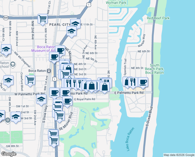 map of restaurants, bars, coffee shops, grocery stores, and more near 401 Northeast 2nd Street in Boca Raton