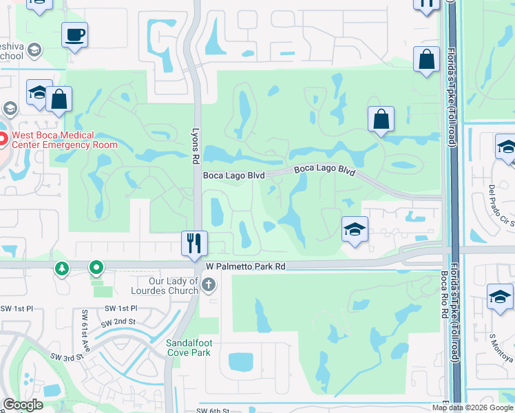 map of restaurants, bars, coffee shops, grocery stores, and more near 21686 Arriba Real in Boca Raton