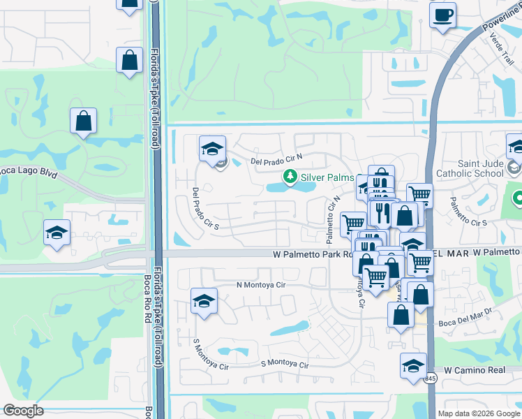 map of restaurants, bars, coffee shops, grocery stores, and more near 7668 Sierra Terrace East in Boca Raton