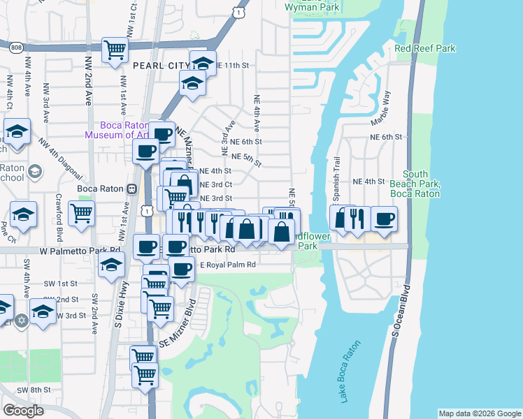 map of restaurants, bars, coffee shops, grocery stores, and more near 430 Northeast 2nd Street in Boca Raton