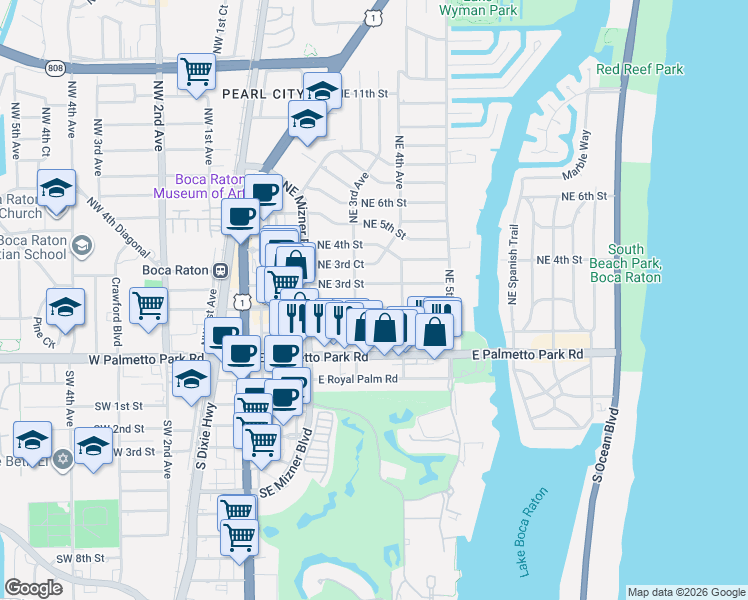 map of restaurants, bars, coffee shops, grocery stores, and more near 344 Northeast 2nd Street in Boca Raton