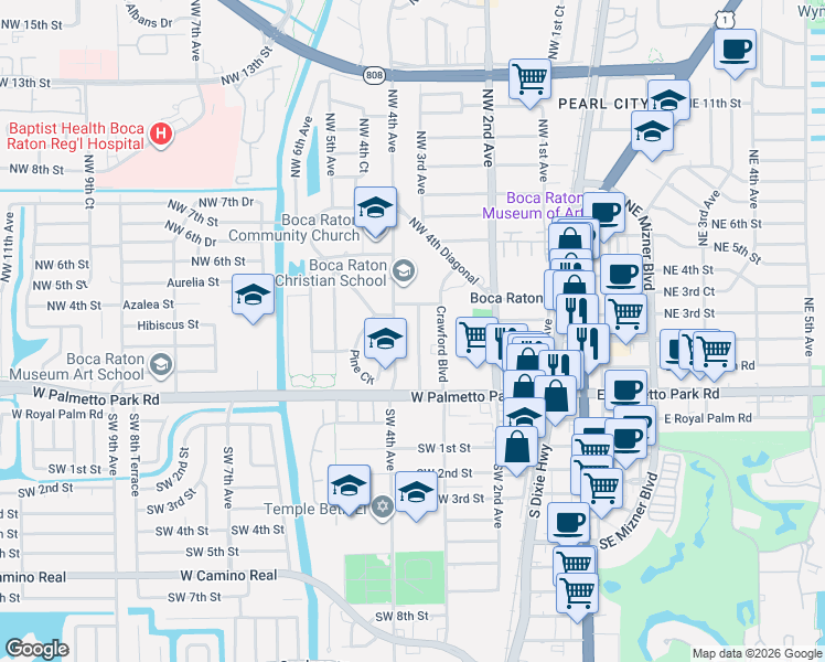 map of restaurants, bars, coffee shops, grocery stores, and more near 180 Northwest 3rd Court in Boca Raton