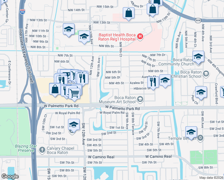 map of restaurants, bars, coffee shops, grocery stores, and more near 121 Northwest 10th Court in Boca Raton