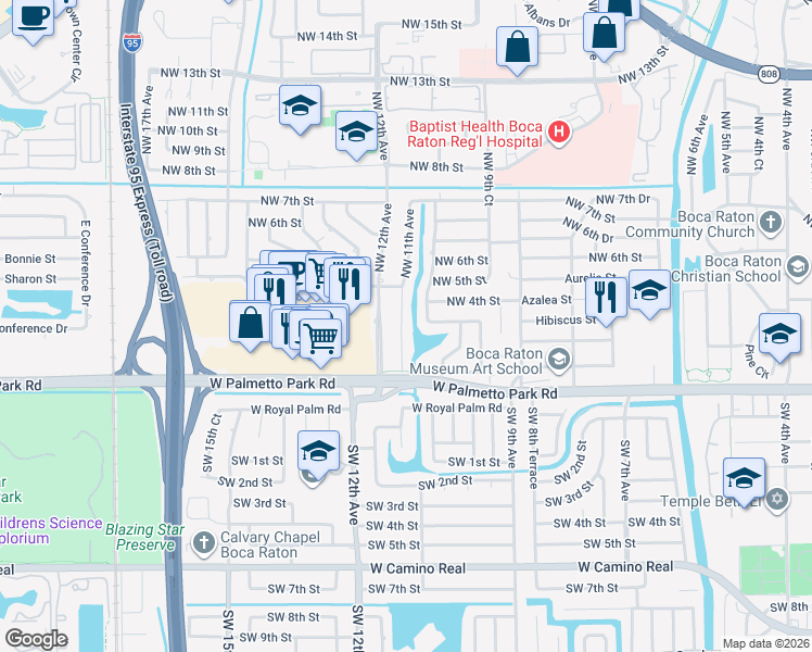 map of restaurants, bars, coffee shops, grocery stores, and more near 174 Northwest 11th Avenue in Boca Raton