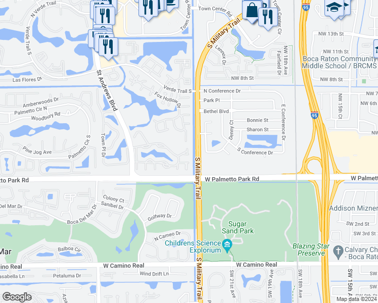 map of restaurants, bars, coffee shops, grocery stores, and more near 5690 Coach House Circle in Boca Raton