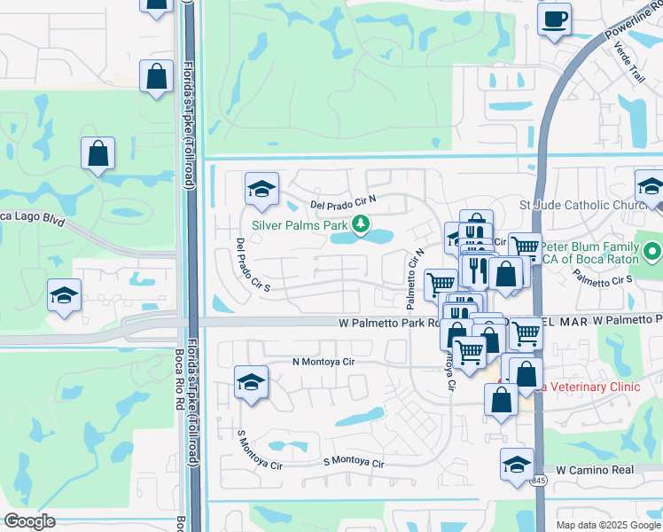 map of restaurants, bars, coffee shops, grocery stores, and more near 7668 Sierra Terrace East in Boca Raton