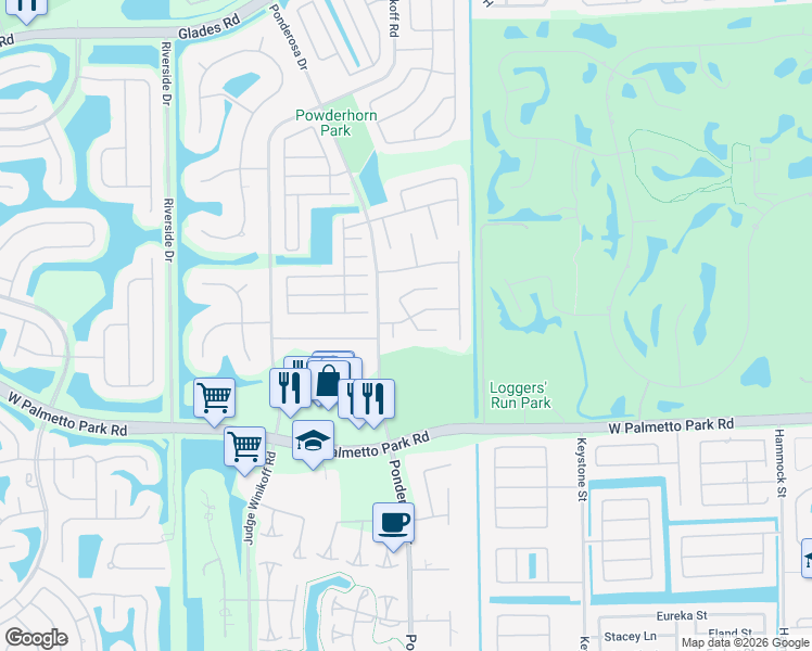 map of restaurants, bars, coffee shops, grocery stores, and more near 21780 Little Bear Court in Boca Raton