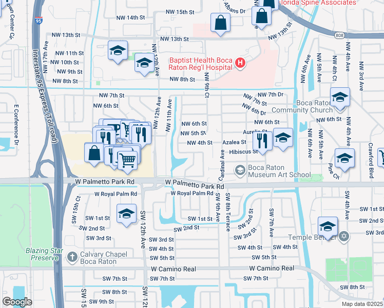 map of restaurants, bars, coffee shops, grocery stores, and more near 121 Northwest 10th Court in Boca Raton