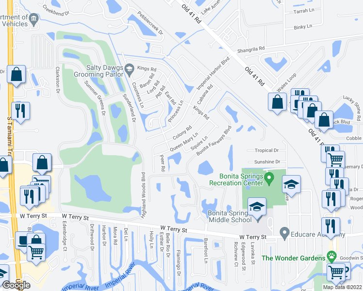 map of restaurants, bars, coffee shops, grocery stores, and more near 26299 Squire Lane in Bonita Springs