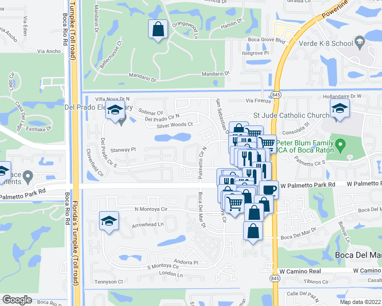 map of restaurants, bars, coffee shops, grocery stores, and more near 21902 Lake Forest Circle in Boca Raton