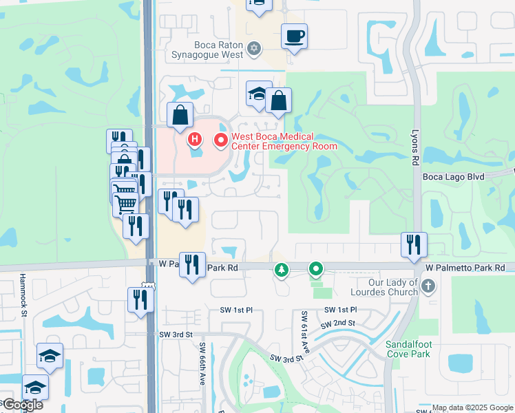 map of restaurants, bars, coffee shops, grocery stores, and more near 9561 Everglades Park Lane in Boca Raton