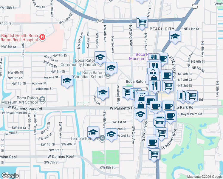 map of restaurants, bars, coffee shops, grocery stores, and more near 470 Northwest 4th Avenue in Boca Raton