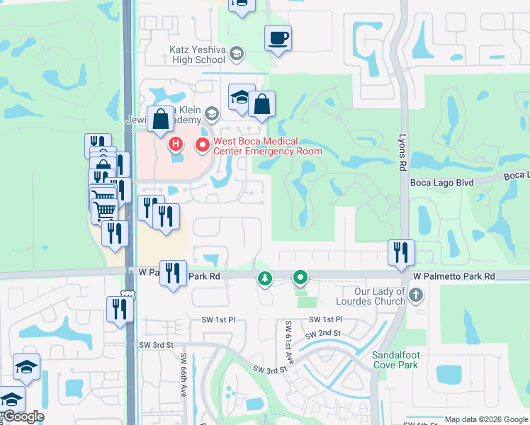 map of restaurants, bars, coffee shops, grocery stores, and more near 9517 Everglades Park Lane in Boca Raton