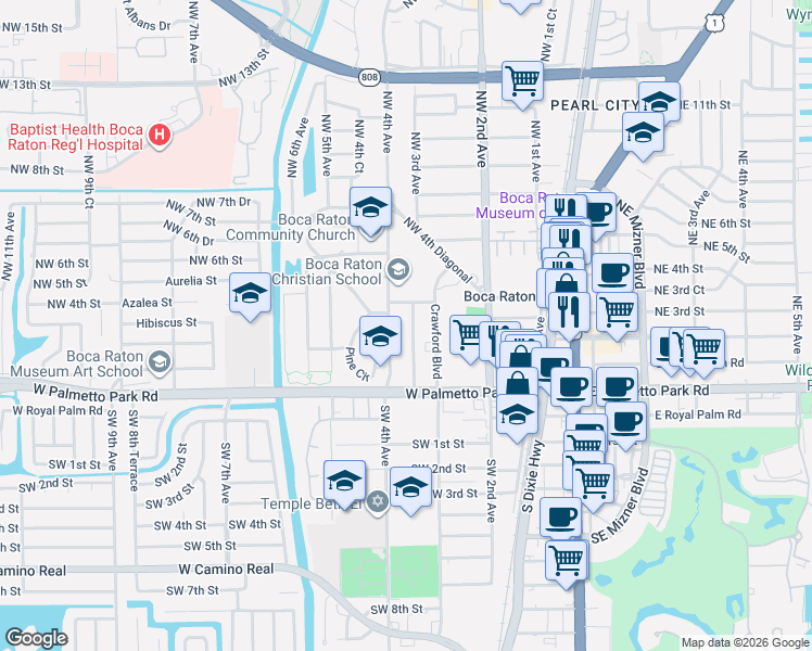 map of restaurants, bars, coffee shops, grocery stores, and more near 470 Northwest 4th Avenue in Boca Raton