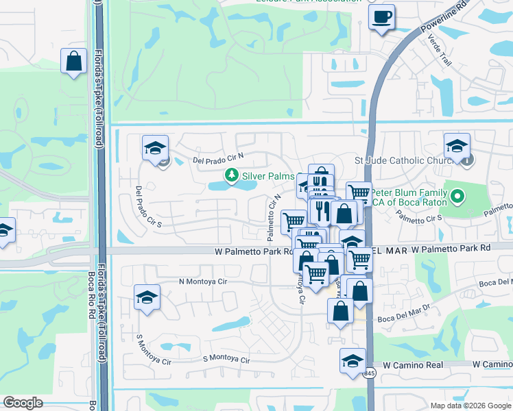 map of restaurants, bars, coffee shops, grocery stores, and more near 21902 Lake Forest Circle in Boca Raton