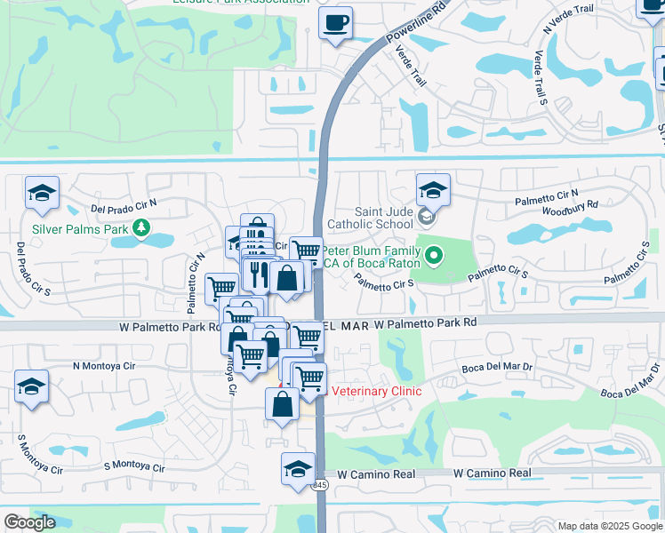 map of restaurants, bars, coffee shops, grocery stores, and more near 6725 Bridlewood Court in Boca Raton