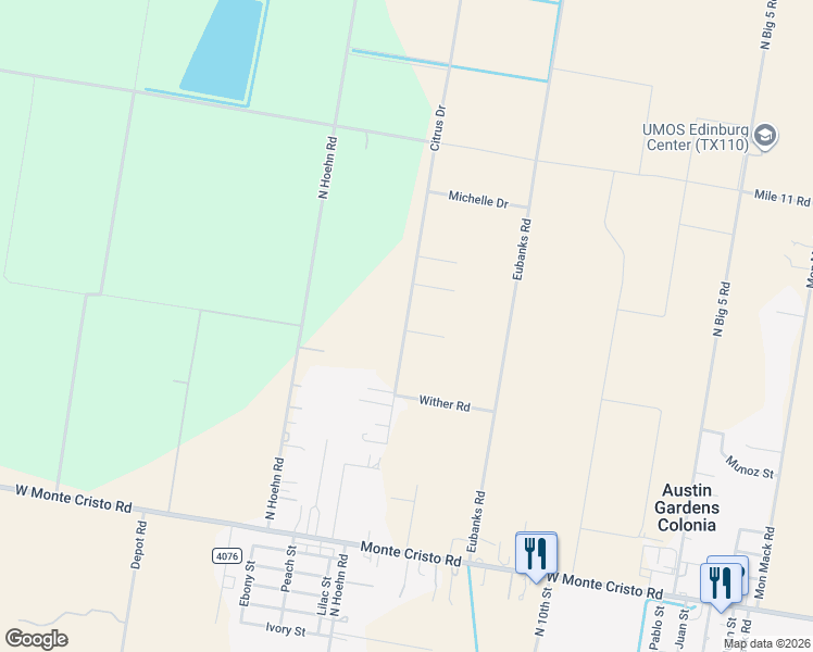 map of restaurants, bars, coffee shops, grocery stores, and more near 16628 Citrus Drive in Edinburg
