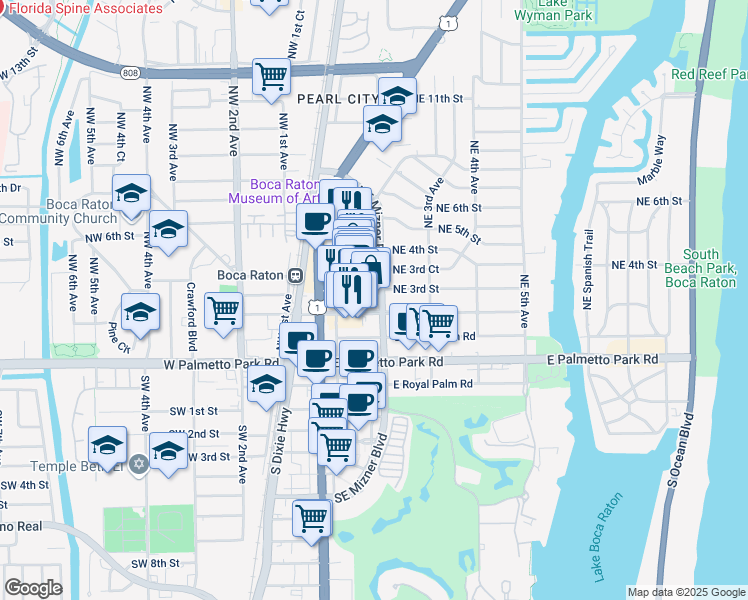 map of restaurants, bars, coffee shops, grocery stores, and more near 201 Northeast 3rd Street in Boca Raton
