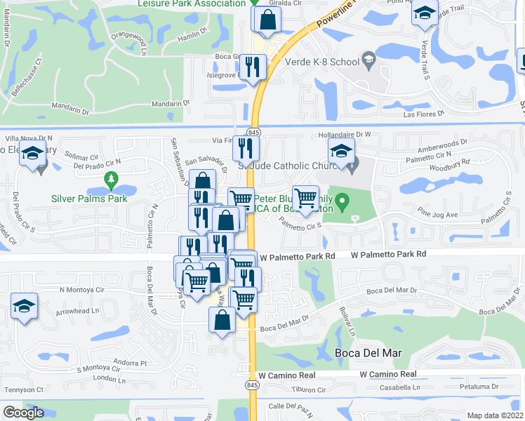 map of restaurants, bars, coffee shops, grocery stores, and more near 6725 Bridlewood Court in Boca Raton