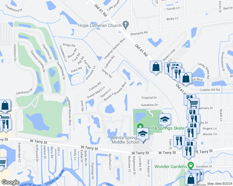 map of restaurants, bars, coffee shops, grocery stores, and more near Bonita Fairways Boulevard in Bonita Springs