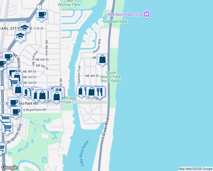 map of restaurants, bars, coffee shops, grocery stores, and more near 277 North Ocean Boulevard in Boca Raton