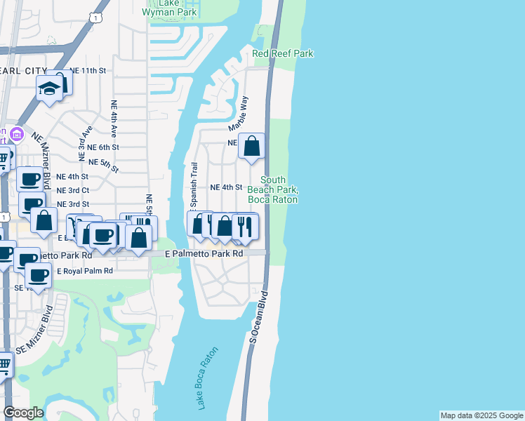 map of restaurants, bars, coffee shops, grocery stores, and more near 277 North Ocean Boulevard in Boca Raton