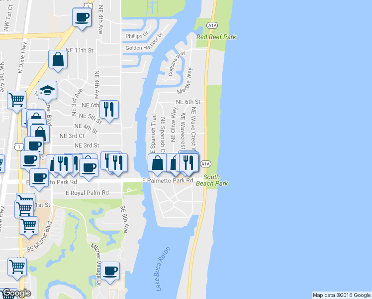map of restaurants, bars, coffee shops, grocery stores, and more near 299 Southeast Wavecrest Way in Boca Raton