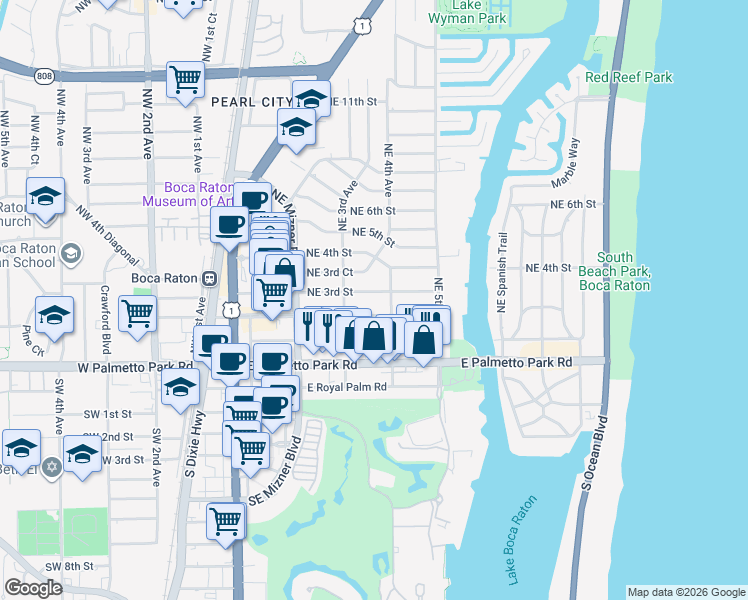 map of restaurants, bars, coffee shops, grocery stores, and more near 365 Northeast 3rd Street in Boca Raton