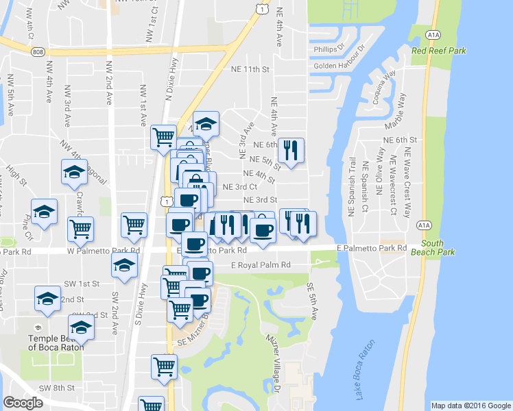 map of restaurants, bars, coffee shops, grocery stores, and more near 365 Northeast 3rd Street in Boca Raton