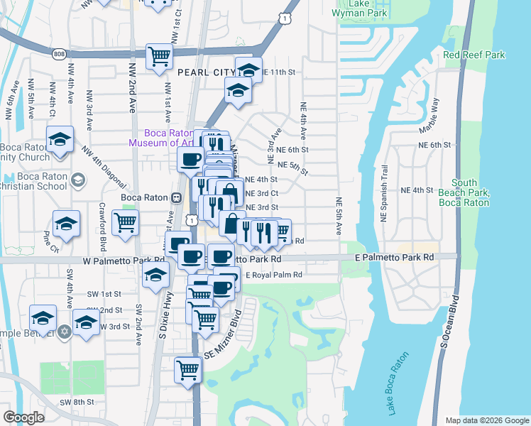 map of restaurants, bars, coffee shops, grocery stores, and more near 299 Northeast 3rd Street in Boca Raton