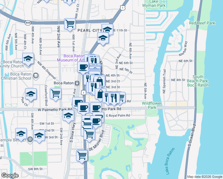 map of restaurants, bars, coffee shops, grocery stores, and more near 299 Northeast 3rd Street in Boca Raton