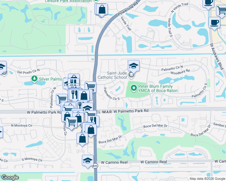 map of restaurants, bars, coffee shops, grocery stores, and more near 6746 Bridlewood Court in Boca Raton