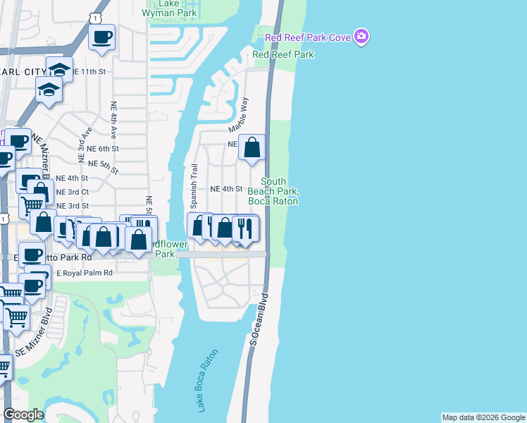 map of restaurants, bars, coffee shops, grocery stores, and more near 277 North Ocean Boulevard in Boca Raton