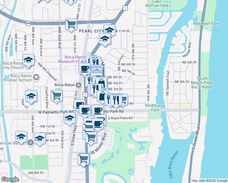 map of restaurants, bars, coffee shops, grocery stores, and more near 299 Northeast 3rd Street in Boca Raton
