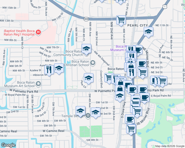 map of restaurants, bars, coffee shops, grocery stores, and more near 398 Northwest 4th Street in Boca Raton