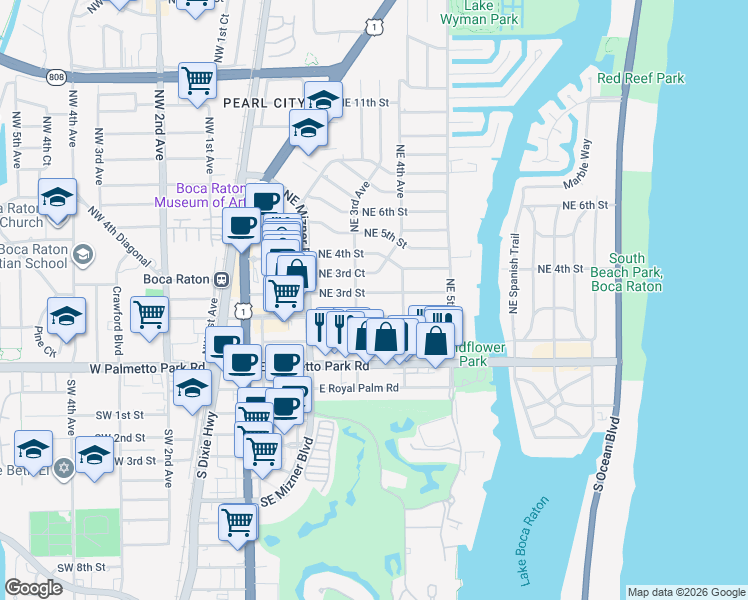 map of restaurants, bars, coffee shops, grocery stores, and more near 365 Northeast 3rd Street in Boca Raton
