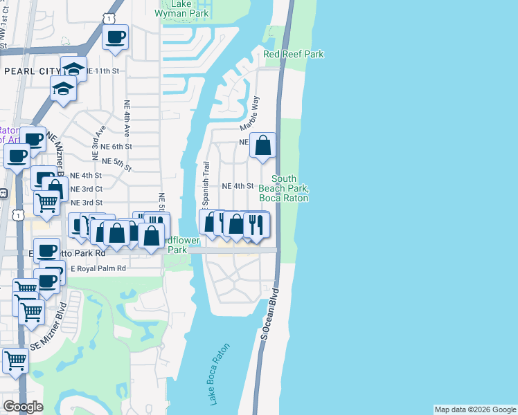 map of restaurants, bars, coffee shops, grocery stores, and more near 299 Southeast Wavecrest Way in Boca Raton