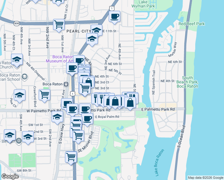 map of restaurants, bars, coffee shops, grocery stores, and more near 365 Northeast 3rd Street in Boca Raton