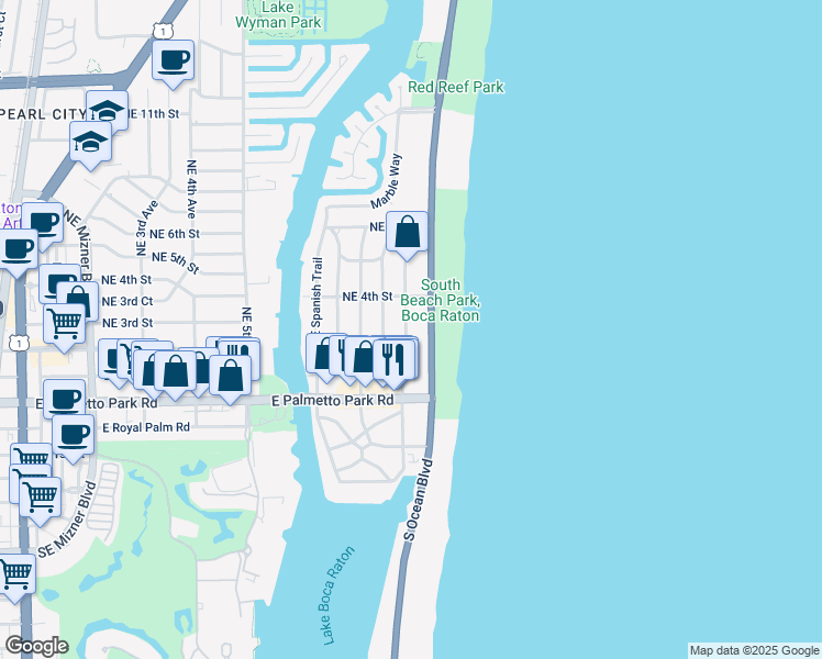 map of restaurants, bars, coffee shops, grocery stores, and more near 234 Northeast Wavecrest Way in Boca Raton