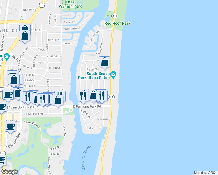 map of restaurants, bars, coffee shops, grocery stores, and more near 277 North Ocean Boulevard in Boca Raton