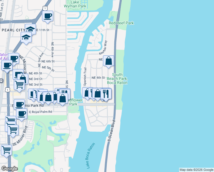 map of restaurants, bars, coffee shops, grocery stores, and more near 299 Southeast Wavecrest Way in Boca Raton