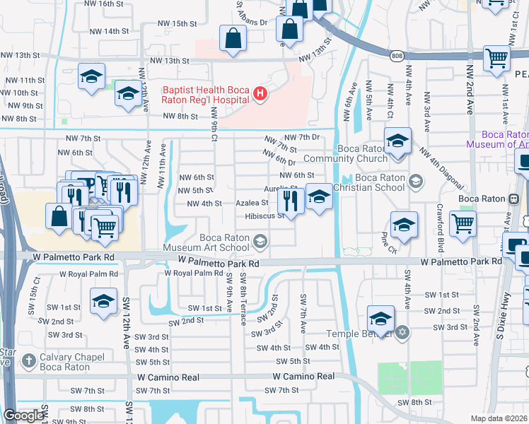 map of restaurants, bars, coffee shops, grocery stores, and more near 824 Azalea Street in Boca Raton