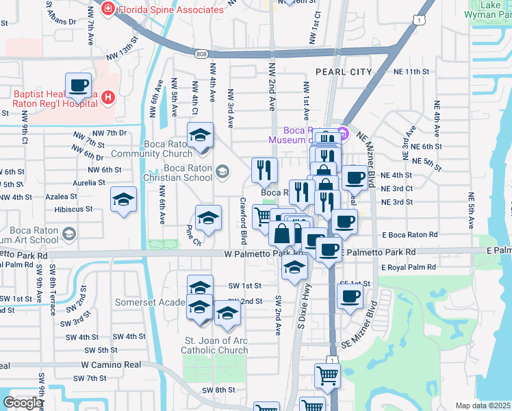 map of restaurants, bars, coffee shops, grocery stores, and more near 11 Crawford Boulevard in Boca Raton