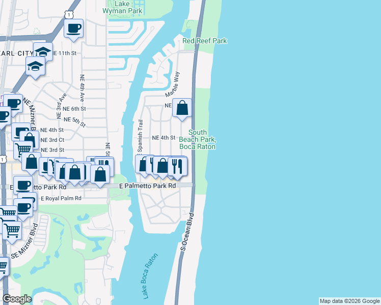 map of restaurants, bars, coffee shops, grocery stores, and more near 277 North Ocean Boulevard in Boca Raton