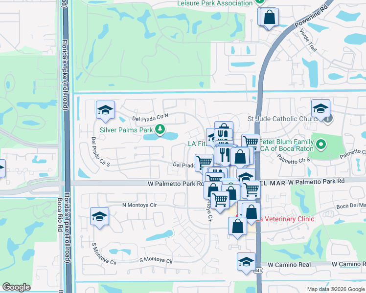 map of restaurants, bars, coffee shops, grocery stores, and more near 21915 Lake Forest Circle in Boca Raton