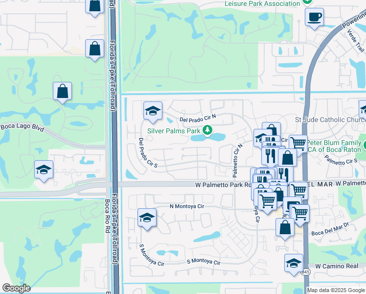 map of restaurants, bars, coffee shops, grocery stores, and more near 7639 Sierra Drive West in Boca Raton