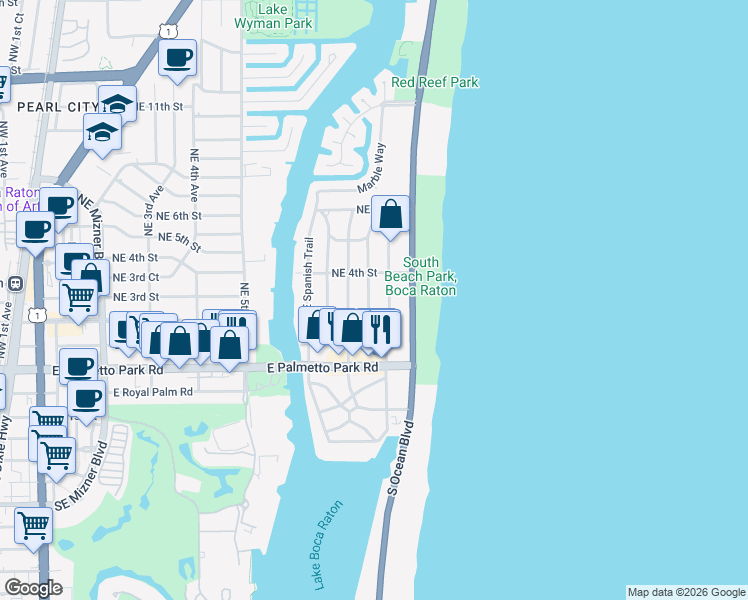 map of restaurants, bars, coffee shops, grocery stores, and more near 299 Southeast Wavecrest Way in Boca Raton